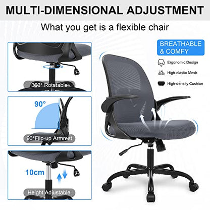 Office Chair Ergonomic Desk Chair with Flip up Armrests Swivel Breathable Desk Mesh Computer Chair with Adjustable Lumbar Support and Height for Conference Room (Dark Gray) - color: Dark Gray