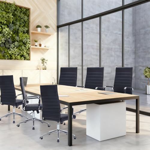 Black Leather Ribbed Office High-Back Desk Conference Chairs with Wheels | Ergonomic High-Back Executive Chairs with Wheels Adjustable Swivel Computer Task Desk Chair with Arms and Thick Padded Seat - color: Black, size: High Back
