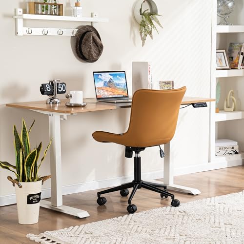 YOUNIKE Office Desk Chair with Wheels Armless Vanity Chair Modern Tan | Faux Leather Upholstered with Rocking Back, Swivel Height Adjustable Small Cute Computer Rolling Task Chair Ergonomic 300lb - color: Tan, size: Base Black