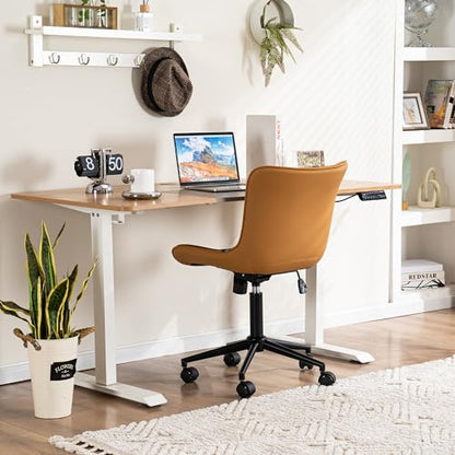 YOUNIKE Office Desk Chair with Wheels Armless Vanity Chair Modern Tan | Faux Leather Upholstered with Rocking Back, Swivel Height Adjustable Small Cute Computer Rolling Task Chair Ergonomic 300lb - color: Tan, size: Base Black
