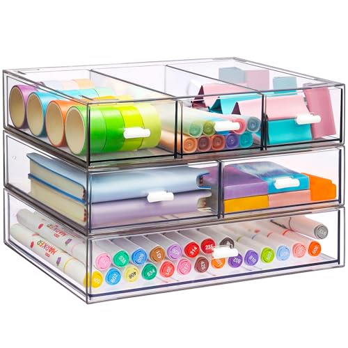 3 Tier Stackable Desk Organizer with 6 Drawers, YOCOMEY Plastic Desktop Storage Box Drawers, Detachable Makeup Storage Office Stationery Supplies Organizer for Office School (All Clear) - color: All Clear