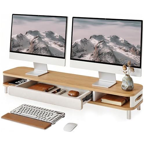 Fenge Dual Monitor Stand with Large Storage Drawer, 42.5" Dsek Shelf, Oak | Slide-Out Drawer, Ergonomic Monitor Riser, Aluminum leg, 2-Tier Desk Organizer for Laptop, TV, PC - color: Oak