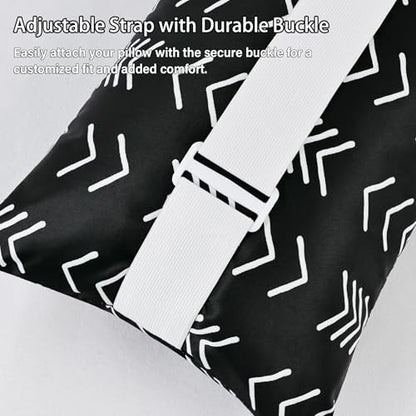 Black Geometric Outdoor Chaise Lounge Head Pillow 11"x16" Set of 2 | Waterproof Lumbar Pillows with Insert Adjustable Elastic Strap, Neck Attachment for Recliner Patio Beach Pool - color: Black Geometric