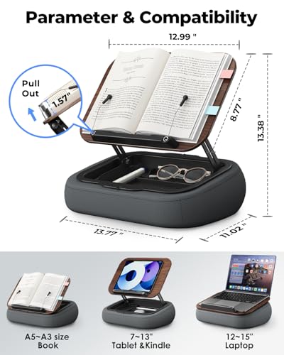 Viozon Lap Book Pillow Stand with Storage, Adjustable Beanbag Reading Pillow with Dark Wood Panel, Multi-Angle Book Holder for Hands-Free Reading in Bed or Sofa,Book Lover Essential,Soft Cushion - color: Dark Wood