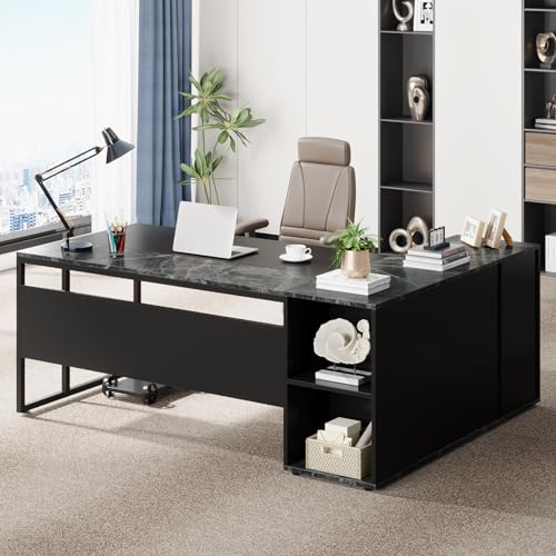 Tribesigns 71 inch Executive Desk, L Shaped Desk with Cabinet Storage, Executive Office Desk with Shelves, Business Furniture Set Workstation for Home Office, Black - color: Black