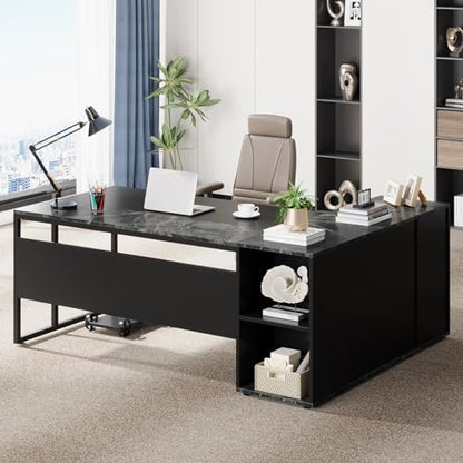 Tribesigns 71 inch Executive Desk, L Shaped Desk with Cabinet Storage, Executive Office Desk with Shelves, Business Furniture Set Workstation for Home Office, Black - color: Black
