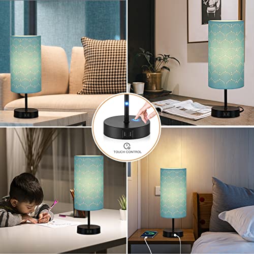 CINSARY Touch Control Bedside Lamp with 2 USB Ports, 3-Way Dimmable Table lamp for Bedroom, Nightstand Lamp with Round Blue Fabric Shade for Living Room Home Office (E26 LED Bulb Included) - color: Blue