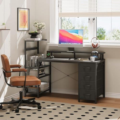 51in Gaming Computer Desk with Drawers & Power Outlet & LED Lights, Black - color: Black, size: 51''