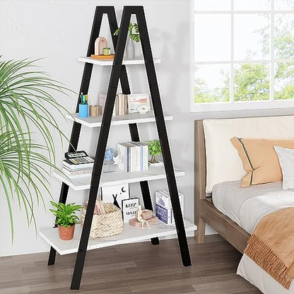 Recaceik 4-Tier A-Shaped Ladder Bookshelf, Industrial Faux Mable Bookcase with Metal Frame, Farmhouse Open Display Shelves for Living Room, Bedroom, Office - color: White