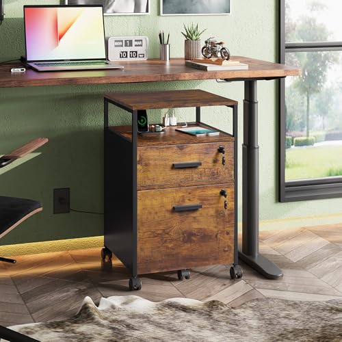DEVAISE 2 Drawer File Cabinet with Lock, Charging Station, Brown | Adjustable Shelf, Rustic Wood Filing Cabinet, Mobile Printer Stand for A4/Letter Size Home Office - color: Rustic Brown, size: 2 Drawer