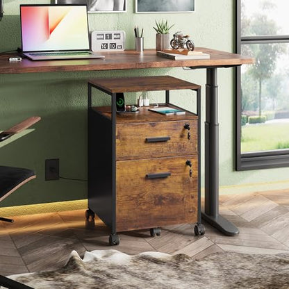 DEVAISE 2 Drawer File Cabinet with Lock, Charging Station, Brown | Adjustable Shelf, Rustic Wood Filing Cabinet, Mobile Printer Stand for A4/Letter Size Home Office - color: Rustic Brown, size: 2 Drawer
