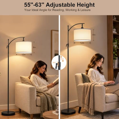 JUNNAI Black Arc Floor Lamp 55-63" Adjustable, 3 Color 9W LED Bulb Included - color: Black+White Shade-Arc