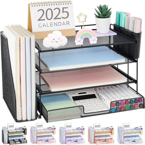 Desk Organizer, 4-Tier Desktop File Organizer with Drawer and Pen Holders, Office Desk Accessories, File Sorters, Workspace Organizers for Office Supplies(Black 2-Pack) - color: Black 2-Pack, size: 4T