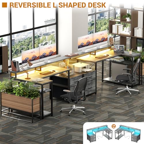 Aheaplus L Shaped Desk with File Drawer, Reversible L Shaped Gaming Desk - color: White Oak