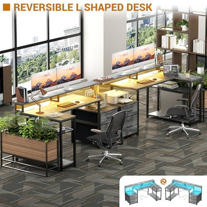 Aheaplus L Shaped Desk with File Drawer, Reversible L Shaped Gaming Desk - color: White Oak