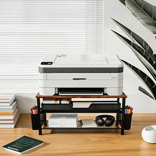 Printer Stand for Desk, Desktop Printer Shelf for Home Office, Brown - color: Brown-High