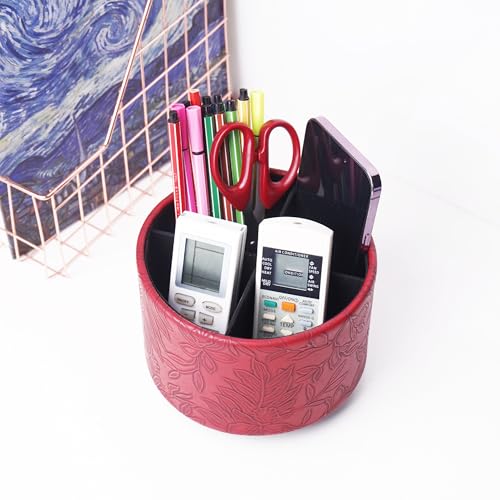 Round Leather Art Supply Organizer,Remote Control Holder,360 Degree Spinning,Multi-Functional Pencil Holder,4 Compartments Desktop Stationary Organizer(1-Carved Red) - color: 1-Carved Red