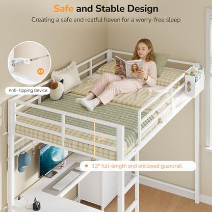 DICTAC Twin Loft Bed with L Shaped Desk,Storage Bookshelf & Drawers, White | Metal Loft Bed Features Charging Station, Smart RGB LED Lights and 6 Fabric Storage Drawers & Shelves, Safety Guardrail - color: White