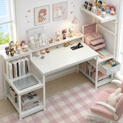 DurayLoly 55" Gaming Desk with,RGB LED,Headphone Hook Shelves for Bedroom - color: White, size: 19.6"Dx55"Wx51"H