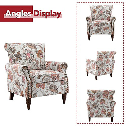 HULALA HOME Traditional Floral Accent Chair with Solid Wood Legs, Pink | Comfy Upholstered Armchair Reading Chair with Rolled Armrests, Nailhead Trim, Removable Cushion, for Living Room Bedroom - color: Pink