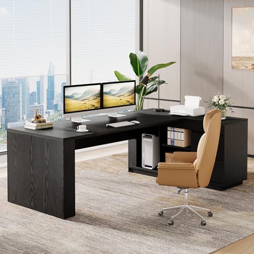Tribesigns 78" L Shaped Executive Desk with Drawers, Large Office Computer Desk with Cabinet and Storage Shelves, Modern Business Furniture Sets Workstation for Home Office (Gray&Black) - color: Gray&black