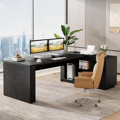 Tribesigns 78" L Shaped Executive Desk with Drawers, Large Office Computer Desk with Cabinet and Storage Shelves, Modern Business Furniture Sets Workstation for Home Office (Gray&Black) - color: Gray&black