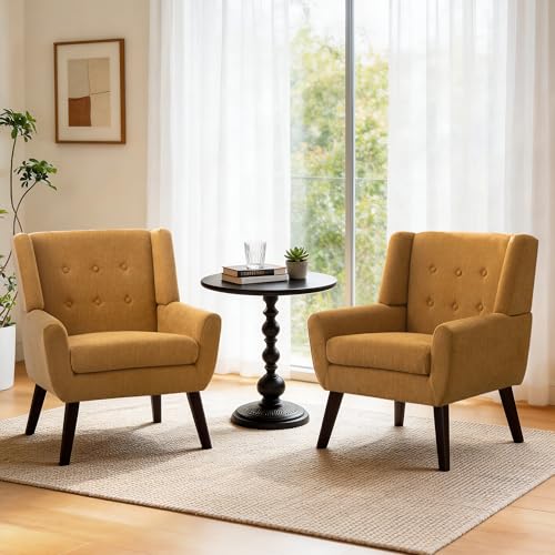 HUIMO Living Room Chairs Set of 2,Upholstered Button Linen Accent Chair | Mid Century Fabric Modern Armchair,Comfy Arm Club Sofa Chairs for Living Room Reading Bedroom,Waiting Room Yellow 2PCS - color: Yellow