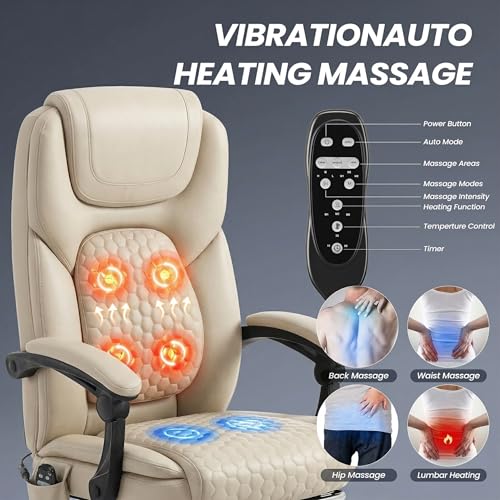 MALOL 300 lbs Massage Office Chair, Big and Tall Desk Chair with 3-Level Heat and Footrest, PU Leather Ergonomic Executive Computer Chair with Side Pocket, Beige - color: Beige, size: Set of 1, style: Classic