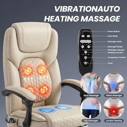 MALOL 300 lbs Massage Office Chair, Big and Tall Desk Chair with 3-Level Heat and Footrest, PU Leather Ergonomic Executive Computer Chair with Side Pocket, Beige - color: Beige, size: Set of 1, style: Classic