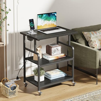 YAOHUOO 3 Tier Large Printer Stand with Power Outlet/Adjustable Shelf - color: Black, size: 23.6"×19.6"