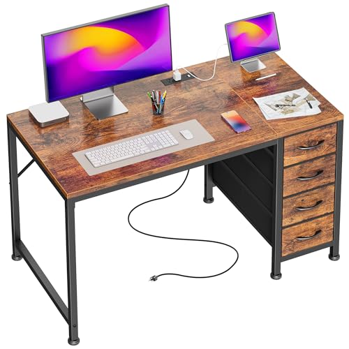 39.4 Inch Computer Office Desk with Power Outelts and USB-C Port, Reversible Gaming Desk with 4 Fabric Drawers, Work Study Desk Work from Home, Rustic Brown - color: Rustic Brown, size: 39.4 inch