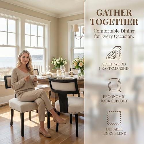 HNY Mid Century Modern Dining Chairs Set of 2, Farmhouse Linen Fabric Upholstered Accent Chairs Curved Nailhead Trim Backrest Kitchen Chairs, with Black Hardwood Frame, Beige - color: Nailhead Beige