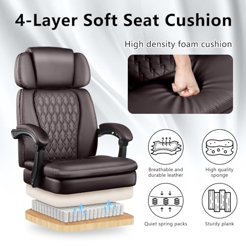 Office Desk Chair with Foot-Rest 400lbs, Heavy Duty Executive Office Chair, Comfy High Back Ergonomic PU Leather Reclining Desk Chair with Lumbar Support, Brown - color: Brown