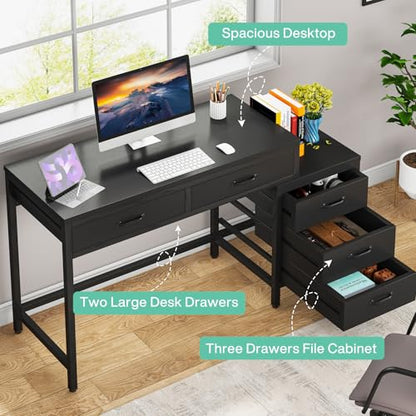 Tribesigns Computer Desk with 5 Drawers, Reversible Home Office Desks - color: Black