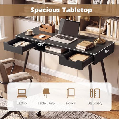 Tangkula Mid Century Modern Computer Desk | Writing Desk with 2 Drawers & Open Center Storage, Small Wooden Study Table for Home Office & Compact Spaces (Black) - color: Black
