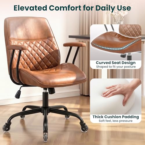 NEO CHAIR Brown Leather Office Chair with Ergonomic Design, Swivel Chair | Modern Computer Desk Chair with Genuine Leather, Lumbar Support, Removable Arms, Comfy Chair for Home Office, Smooth Rolling - color: A. Mid-back Brown