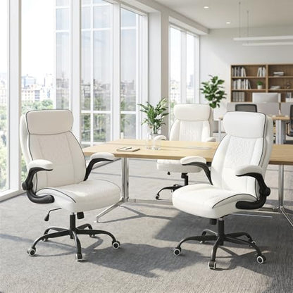 White Office Chair 400lbs, Modern Executive Desk Chair with Lumbar Support, Comfortable Computer Chair with Flip-up Armrests, Adjustable Height Swivel Reclining Chair for Home Office, Faux Leather - color: White-large