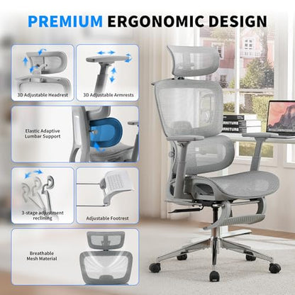 Mesh Ergonomic Office Chair with Footrest, Grey | High Back, Lumbar Support, Adjustable Headrest and Armrests, Gaming Chair,Home Office Desk Chair - color: Grey, style: Modern