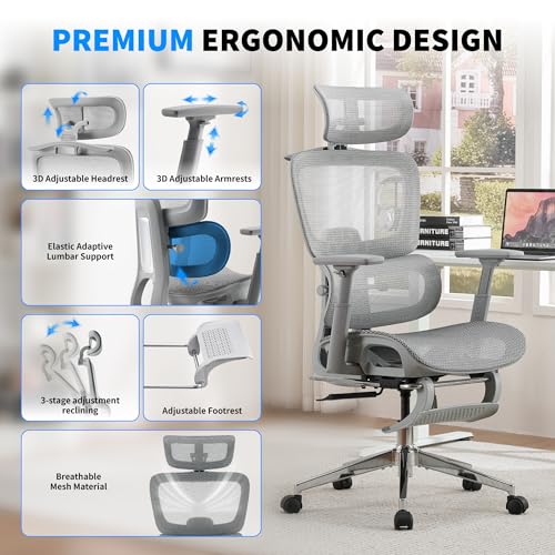 Mesh Ergonomic Office Chair with Footrest, Grey | High Back, Lumbar Support, Adjustable Headrest and Armrests, Gaming Chair,Home Office Desk Chair - color: Grey, style: Modern