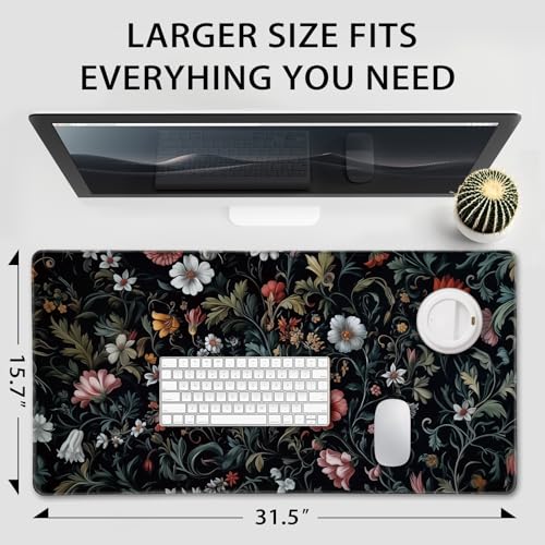 Dark Floral Pattern Large Gaming Mouse Pad Desk Mat 31.5"x15.7" | Extended Mousepad, Non-Slip Rubber Base , Stitched Edges, for Computer/Laptop/Office/Home - color: Dark Floral Pattern