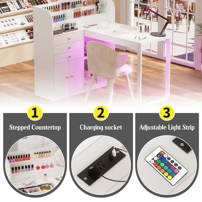 PAKASEPT L-Shaped Manicure Table with Shelves, Nail Table Desk w/Storage Drawers & Cabinet