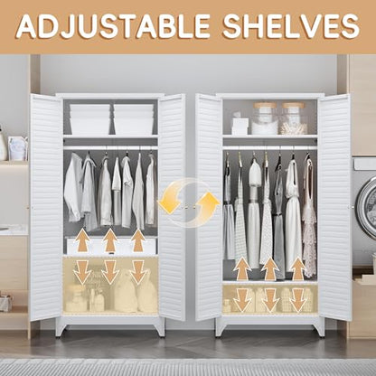 Steeloong 71"Armoire Wardrobe Close,White Wardrobe Cabinet with Hanging Rod | Metal Closet Cabinet with Doors and Adjustable Shelves,Freestanding Clothing Storage Cabinets for Bedroom Office,Gym,Hospital - color: White, style: 71"H Wardrobe