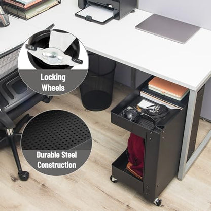 Mind Reader Under Desk Rolling Cart, 2-Tier Steel Utility Organizer, No Assembly Required, 12" L x 20" W x 23.5" H, Black