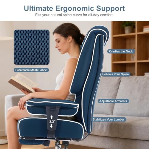 EXCEBET Big and Tall Executive Office Chair 400lbs Wide Seat, Mesh Grey | Retractable footrest, 135° recline, Lumbar support, Ergonomic high back, Breathable mesh, Thick cushion, Padded armrests - color: Mesh Blue