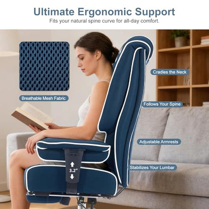 EXCEBET Big and Tall Executive Office Chair 400lbs Wide Seat, Mesh Grey | Retractable footrest, 135° recline, Lumbar support, Ergonomic high back, Breathable mesh, Thick cushion, Padded armrests - color: Mesh Blue