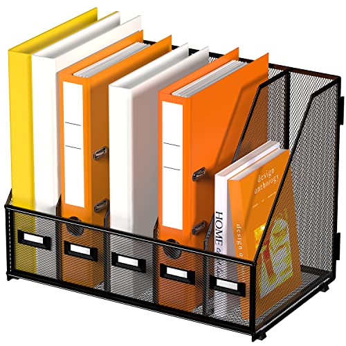 DALTACK 5-Slot Magazine File Holder, Metal Binder Holder, Black | Iron Mesh Construction, Labeled Sections for Easy Sorting, Anti-Slip Feet, Binder and Folder Storage for Office, Classroom - color: Black, size: 5Rack-Plus