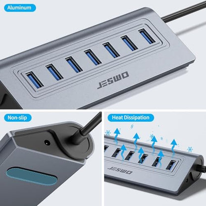 JESWO 7-Port Aluminum Powered USB 3.0 Hub with 3.3Ft Cable - color: Grey