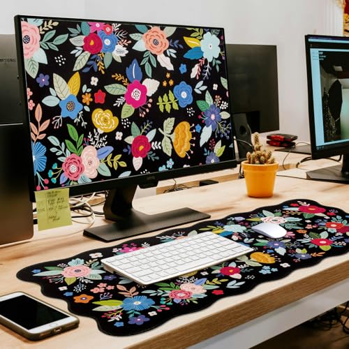L-SPOUTTO Floral Mouse Pad, Black Scalloped Desk Mat XXL Gaming Mousepad | Botanical Large 35.4x15.7in Non-Slip Rubber Base Keyboard Pad Waterproof Desktop Mat for Laptop Computer Game Home Office - color: Colorful Flowers