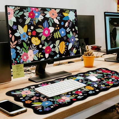 L-SPOUTTO Floral Mouse Pad, Black Scalloped Desk Mat XXL Gaming Mousepad | Botanical Large 35.4x15.7in Non-Slip Rubber Base Keyboard Pad Waterproof Desktop Mat for Laptop Computer Game Home Office - color: Colorful Flowers