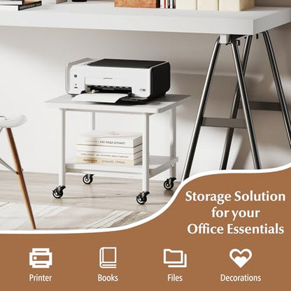 GOFLAME Under Desk Printer Stand, 2-Tier Mobile Printer Table with Storage Shelf, Metal Frame, Rolling Printer Cart Holder Storage Rack with Lockable Wheels for Home Office, White - color: White